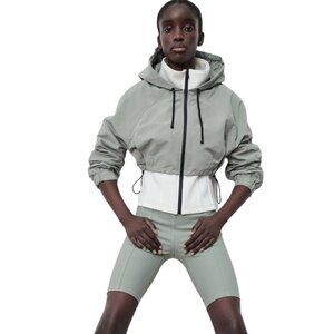 Women's Jacket, Green & White Zip Jacket w/ Hood, Zara Brand Size S